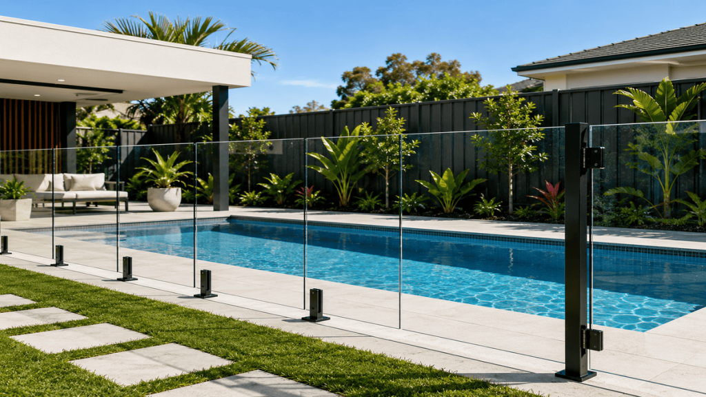 Modern backyard pool with glass fence-featured